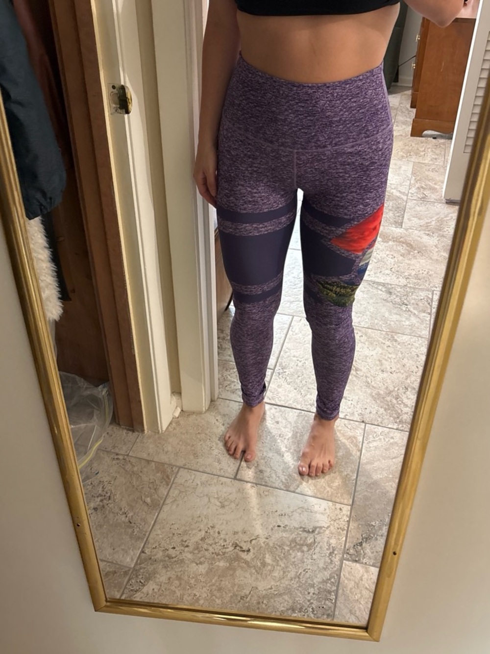 High-Rise Purple Patterned Active Leggings with Accent Panels